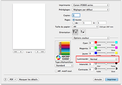 figure : Luminosité des options de couleur dans la boîte de dialogue Imprimer