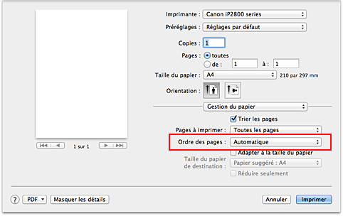 figure : Sélectionnez Automatique dans Ordre des pages pour Gestion du papier dans la boîte de dialogue Imprimer.