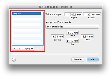 figure : Boîte de dialogue Tailles de page personnalisées