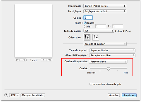 figure : Sélectionnez Personnalisée pour Qualité et support dans la boîte de dialogue Imprimer.