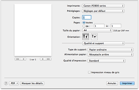 figure : Qualité et support dans la boîte de dialogue Imprimer