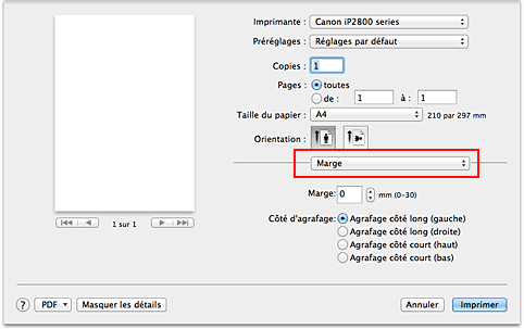 figure : Marge dans la boîte de dialogue Imprimer