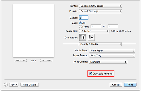 figure:Grayscale Printing of Quality & Media in the Print dialog