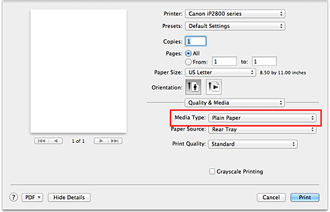 figure:Media Type of Quality & Media in the Print dialog