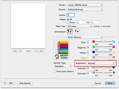 figure:Brightness of Color Options in the Print dialog