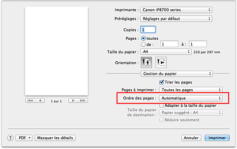 figure : Sélectionnez Automatique dans Ordre des pages pour Gestion du papier dans la boîte de dialogue Imprimer.