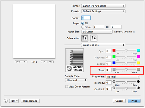 afbeelding: Tint bij Kleuropties in het dialoogvenster Afdrukken