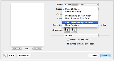 figure:Select Save Current Settings as Preset... from Presets in the Print dialog
