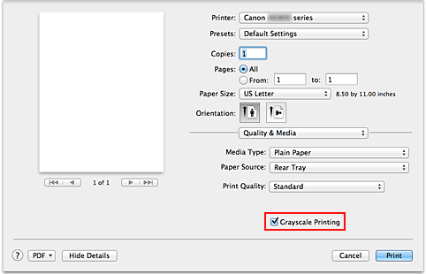 figure:Grayscale Printing of Quality & Media in the Print dialog