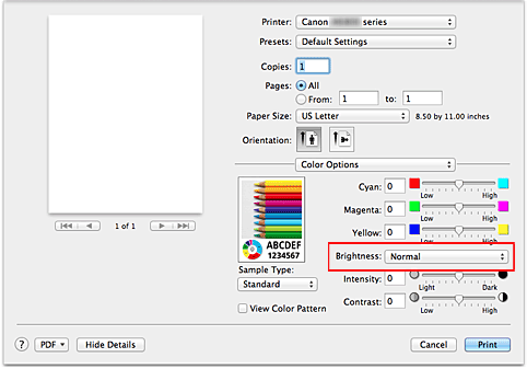 figure:Brightness of Color Options in the Print dialog