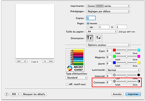 figure : Contraste des options de couleur dans la boîte de dialogue Imprimer