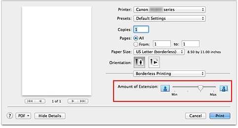 figura: Tamanho da Extensão de Impressão Sem-bordas na caixa de diálogo Imprimir