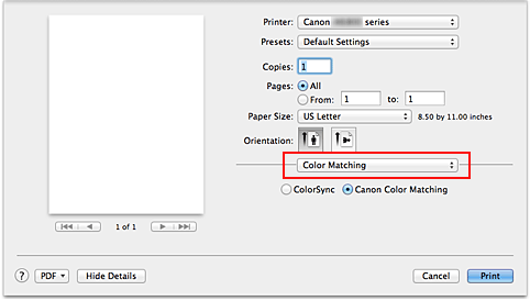 figura: Compatibilidade de Cor na caixa de diálogo Imprimir
