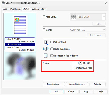 figure:Copies on the Page Setup tab