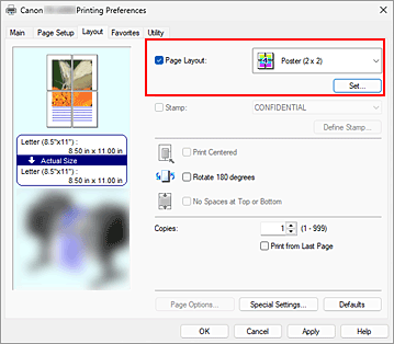 figure:Select Poster (1 x 2) or Poster (2 x 2) for Page Layout on the Page Setup tab