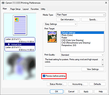 figure:Preview before printing check box on the Main tab