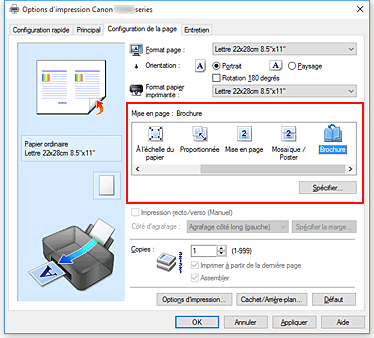 figure&nbsp;: Sélectionnez Brochure comme Mise en page dans l'onglet Configuration de la page.