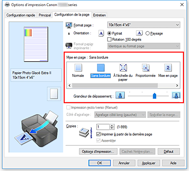 figure&nbsp;: Sélectionnez Sans bordure comme Mise en page dans l'onglet Configuration de la page.