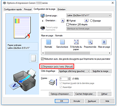 figure&nbsp;: Case à cocher Impression recto/verso (Manuel) dans l'onglet Configuration de la page