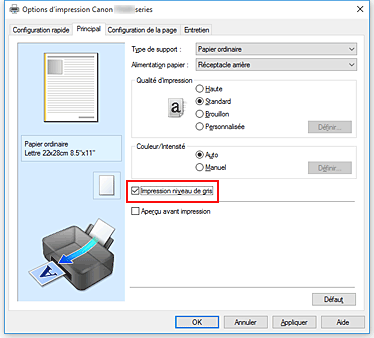 figure&nbsp;: Case à cocher Impression niveau de gris dans l'onglet Principal