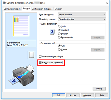 figure&nbsp;: Case à cocher Aperçu avant impression dans l'onglet Principal
