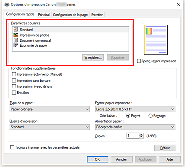 figure&nbsp;: Paramètres courants dans l'onglet Configuration rapide