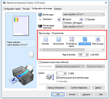 figure&nbsp;: Sélectionnez Proportionnée comme Mise en page dans l'onglet Configuration de la page.