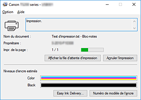 figure&nbsp;: Écran d'état d'imprimante Canon IJ