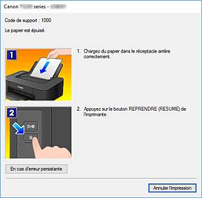 figure&nbsp;: Écran d'état d'imprimante Canon IJ-Affichage d'une erreur