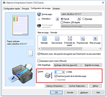 figure : Copies dans l'onglet Configuration de la page