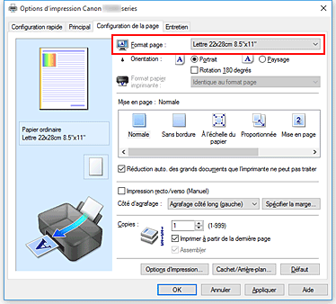 figure : Format page dans l'onglet Configuration de la page