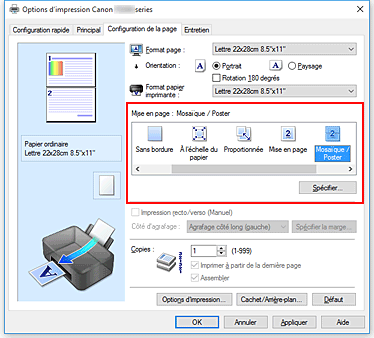 figure : Sélectionnez Mosaïque/Poster comme Mise en page dans l'onglet Configuration de la page.