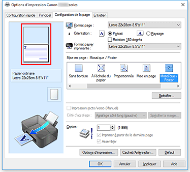 figure : Affichage de l'aperçu des paramètres dans l'onglet Configuration de la page