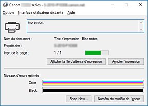 figure : Écran d'état d'imprimante Canon IJ