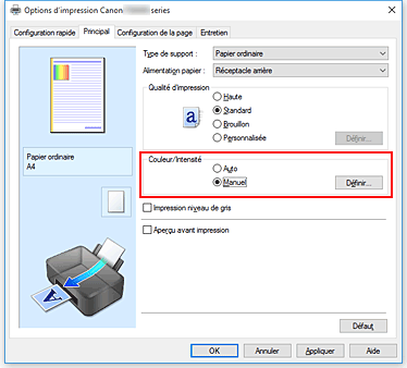 figure : Sélectionnez Manuel pour Couleur/Intensité dans l'onglet Principal.