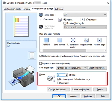 figure : Copies dans l'onglet Configuration de la page