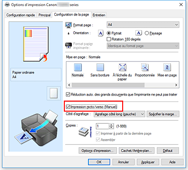 figure : Case à cocher Impression recto/verso (Manuel) dans l'onglet Configuration de la page