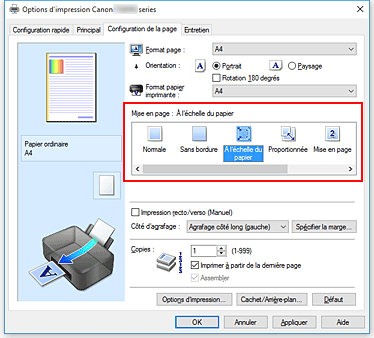 figure : Sélectionnez À l'échelle du papier comme Mise en page dans l'onglet Configuration de la page.