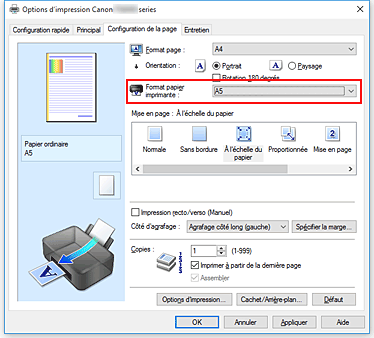 figure : Format papier imprimante dans l'onglet Configuration de la page