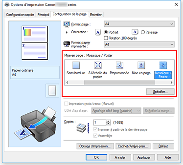 figure : Sélectionnez Mosaïque/Poster comme Mise en page dans l'onglet Configuration de la page.