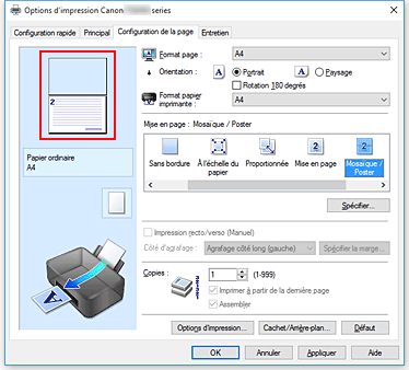 figure : Affichage de l'aperçu des paramètres dans l'onglet Configuration de la page