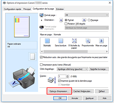 figure : Options d'impression... dans l'onglet Configuration de la page