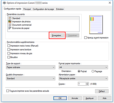 figure : Enregistrer... dans l'onglet Configuration rapide