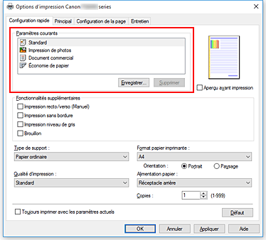 figure : Paramètres courants dans l'onglet Configuration rapide
