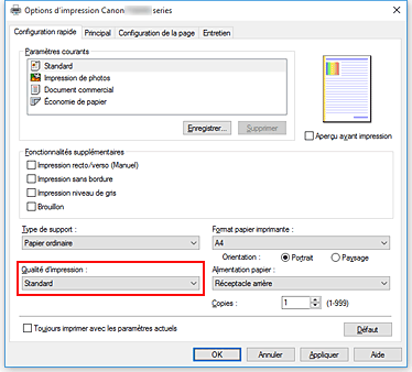 figure : Qualité d'impression dans l'onglet Configuration rapide