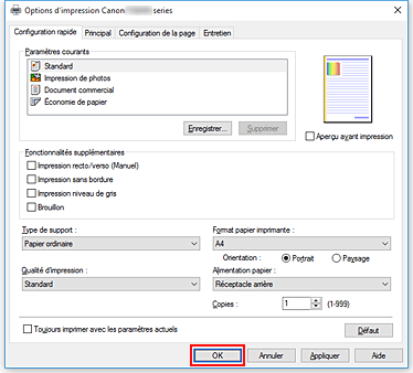 figure : OK dans l'onglet Configuration rapide