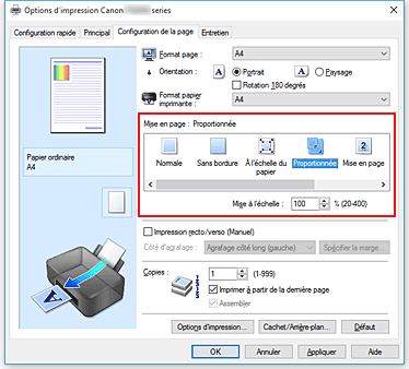 figure : Sélectionnez Proportionnée comme Mise en page dans l'onglet Configuration de la page.