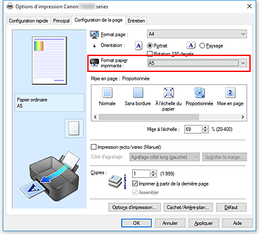 figure : Format papier imprimante dans l'onglet Configuration de la page