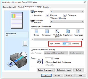 figure : Mise à l'échelle dans l'onglet Configuration de la page