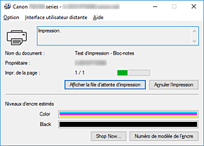 figure : Écran d'état d'imprimante Canon IJ